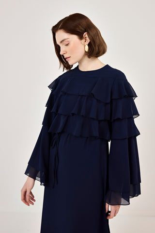 Robadan Fırfır Detaylı Biye Kemerli Şifon Elbise Lacivert