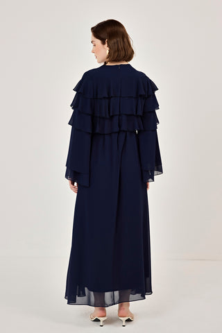 Robadan Fırfır Detaylı Biye Kemerli Şifon Elbise Lacivert