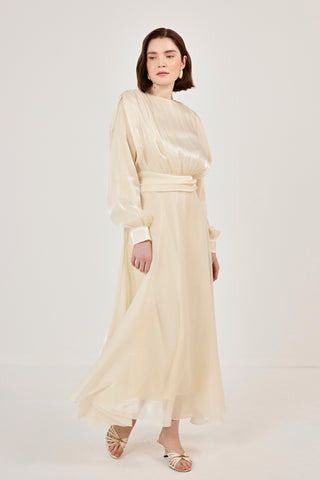 Simli Organze Şifon Elbise Bej