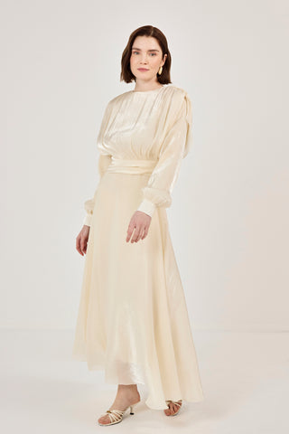 Simli Organze Şifon Elbise Bej