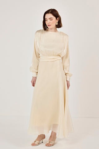 Simli Organze Şifon Elbise Bej