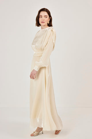 Simli Organze Şifon Elbise Bej