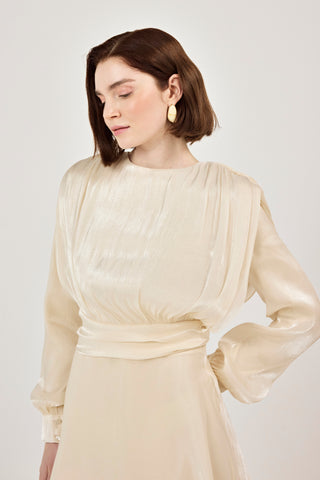 Simli Organze Şifon Elbise Bej