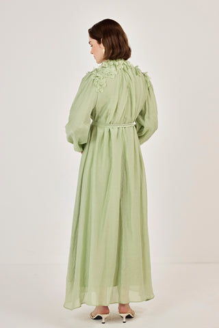 Omuzları Çiçekli Taşlı Elbise Çağla Yeşili