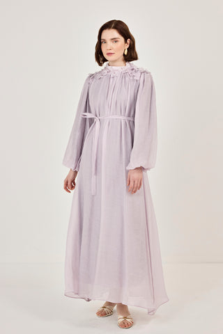 Omuzları Çiçekli Taşlı Elbise Lila