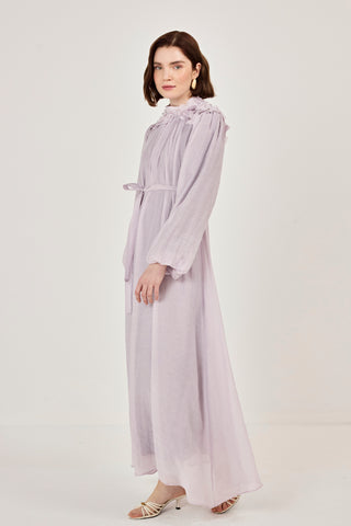 Omuzları Çiçekli Taşlı Elbise Lila