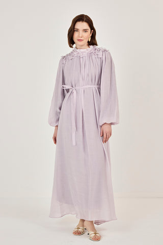 Omuzları Çiçekli Taşlı Elbise Lila