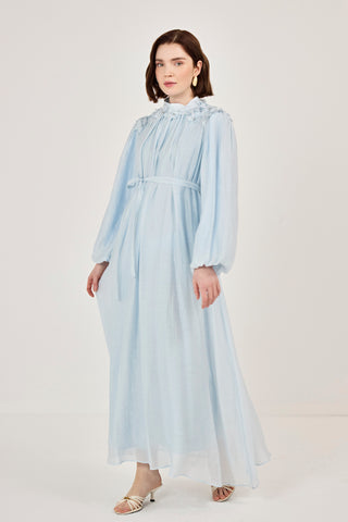 Omuzları Çiçekli Taşlı Elbise Mavi