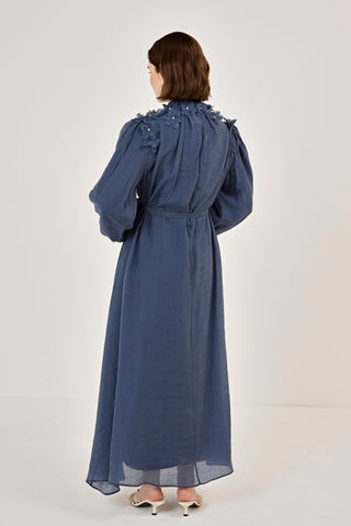 Omuzları Çiçekli Taşlı Elbise Lacivert