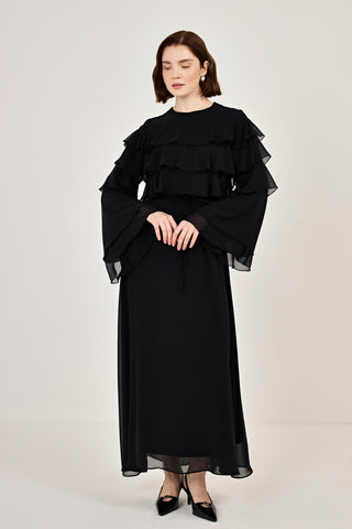 Robadan Fırfır Detaylı Biye Kemerli Şifon Elbise Siyah
