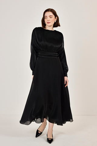 Simli Organze Şifon Elbise Siyah