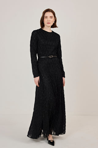 Kemer Detaylı Simli Dantel Elbise Siyah