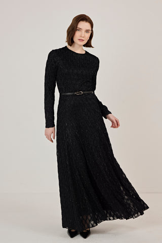 Kemer Detaylı Simli Dantel Elbise Siyah