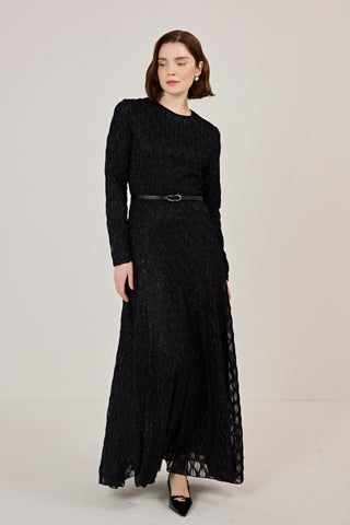 Kemer Detaylı Simli Dantel Elbise Siyah