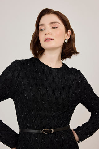 Kemer Detaylı Simli Dantel Elbise Siyah