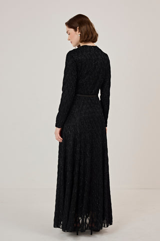 Kemer Detaylı Simli Dantel Elbise Siyah