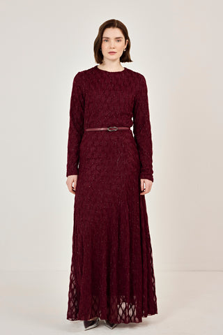 Kemer Detaylı Simli Dantel Elbise Bordo