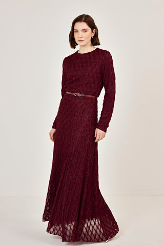 Kemer Detaylı Simli Dantel Elbise Bordo