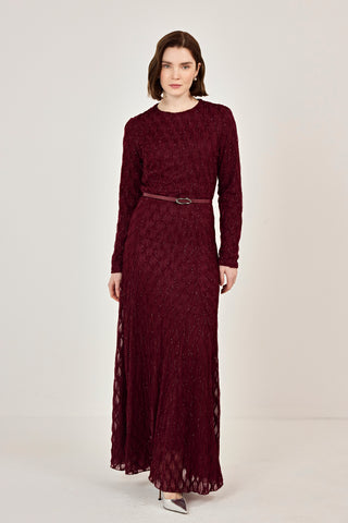 Kemer Detaylı Simli Dantel Elbise Bordo