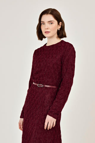 Kemer Detaylı Simli Dantel Elbise Bordo