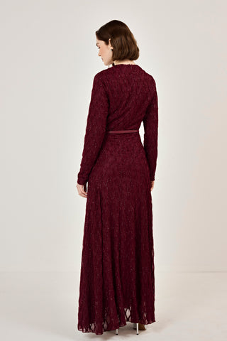 Kemer Detaylı Simli Dantel Elbise Bordo