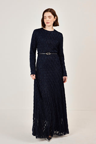 Kemer Detaylı Simli Dantel Elbise Siyah