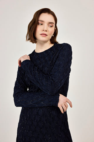 Kemer Detaylı Simli Dantel Elbise Siyah