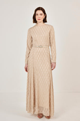 Kemer Detaylı Simli Dantel Elbise Bej