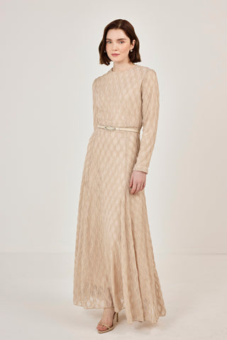 Kemer Detaylı Simli Dantel Elbise Bej