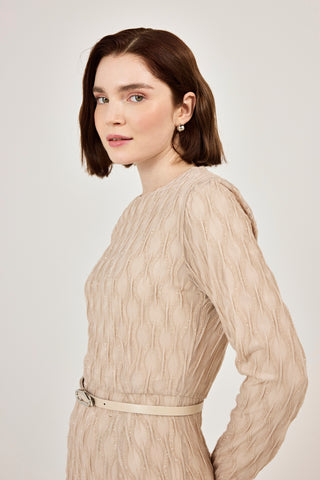 Kemer Detaylı Simli Dantel Elbise Bej