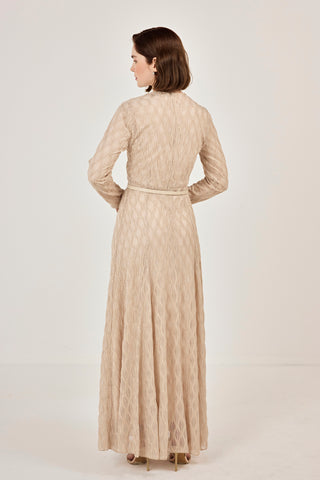 Kemer Detaylı Simli Dantel Elbise Bej