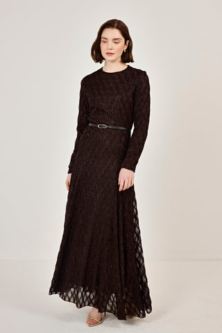 Kemer Detaylı Simli Dantel Elbise Kahverengi