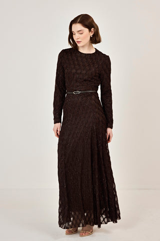 Kemer Detaylı Simli Dantel Elbise Kahverengi