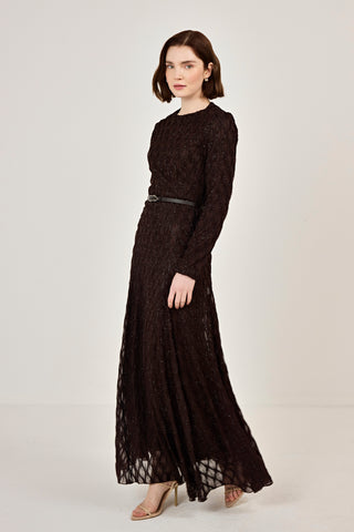 Kemer Detaylı Simli Dantel Elbise Kahverengi