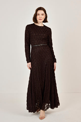 Kemer Detaylı Simli Dantel Elbise Kahverengi