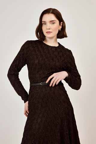 Kemer Detaylı Simli Dantel Elbise Kahverengi