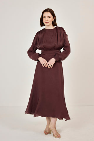 Simli Organze Şifon Elbise Mürdüm