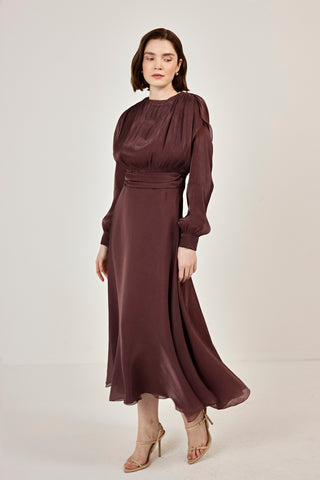 Simli Organze Şifon Elbise Mürdüm