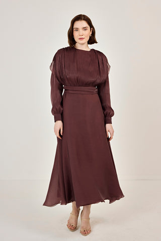 Simli Organze Şifon Elbise Mürdüm