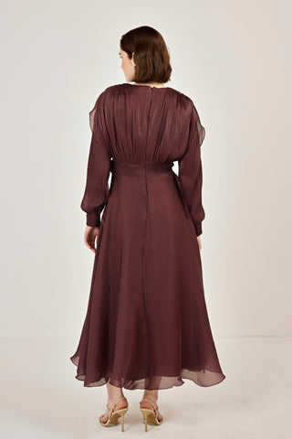 Simli Organze Şifon Elbise Mürdüm