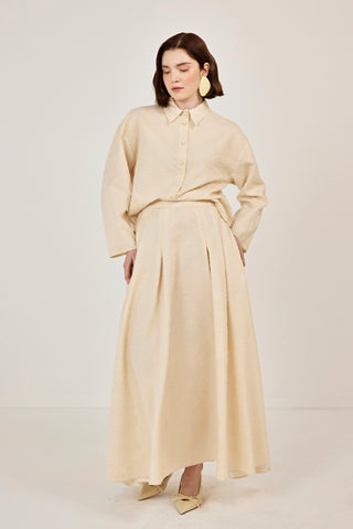 Pilikaşeli Etek Gömlek Takım Bej