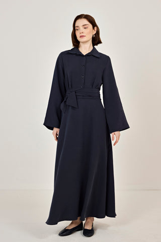 Korsaj Kemer Detaylı Gömlek Yaka Tensel Elbise Lacivert
