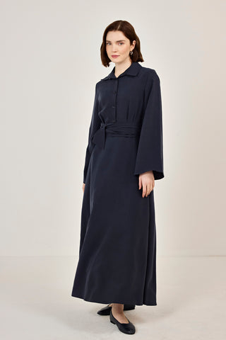 Korsaj Kemer Detaylı Gömlek Yaka Tensel Elbise Lacivert