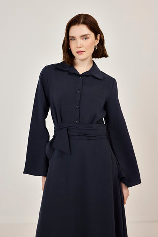 Korsaj Kemer Detaylı Gömlek Yaka Tensel Elbise Lacivert