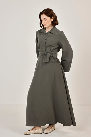 Korsaj Kemer Detaylı Gömlek Yaka Tensel Elbise Haki