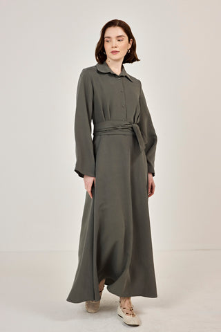 Korsaj Kemer Detaylı Gömlek Yaka Tensel Elbise Haki