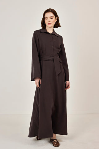 Korsaj Kemer Detaylı Gömlek Yaka Tensel Elbise Kahverengi