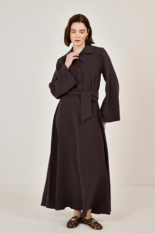 Korsaj Kemer Detaylı Gömlek Yaka Tensel Elbise Kahverengi