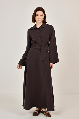 Korsaj Kemer Detaylı Gömlek Yaka Tensel Elbise Kahverengi