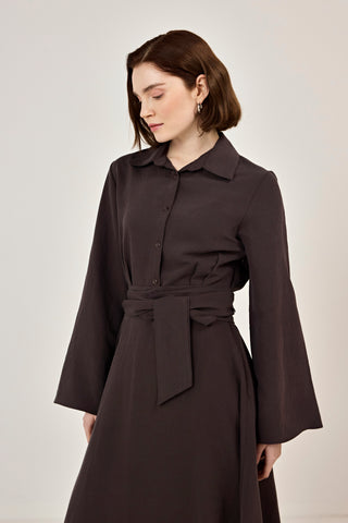 Korsaj Kemer Detaylı Gömlek Yaka Tensel Elbise Kahverengi